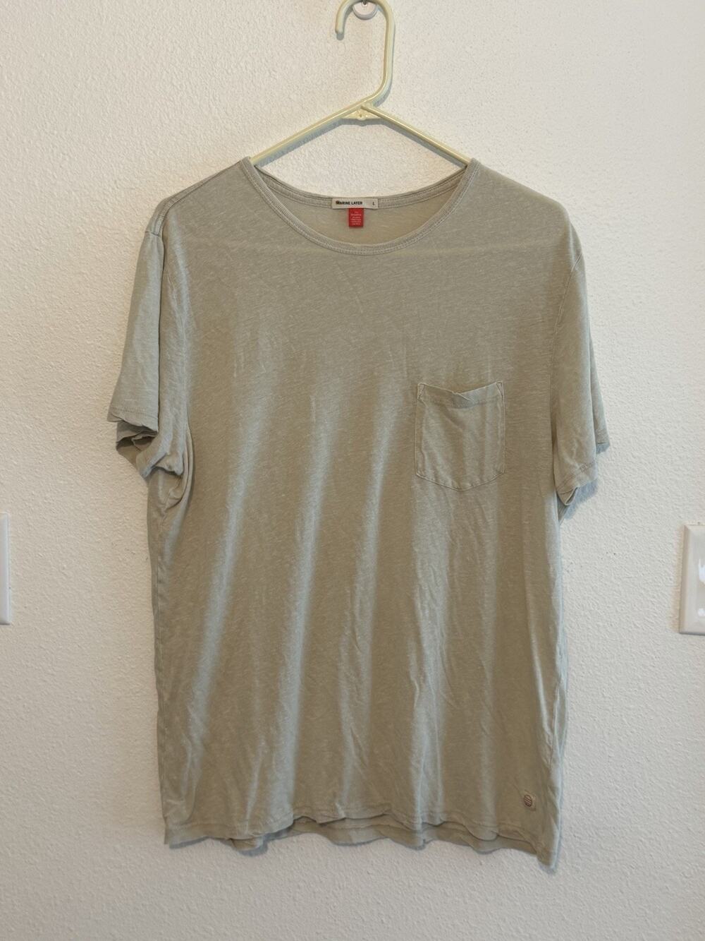 Marine Layer Men’s L Beige Solid Crew Neck Short Sleeve Pocket Logo T-Shirt
